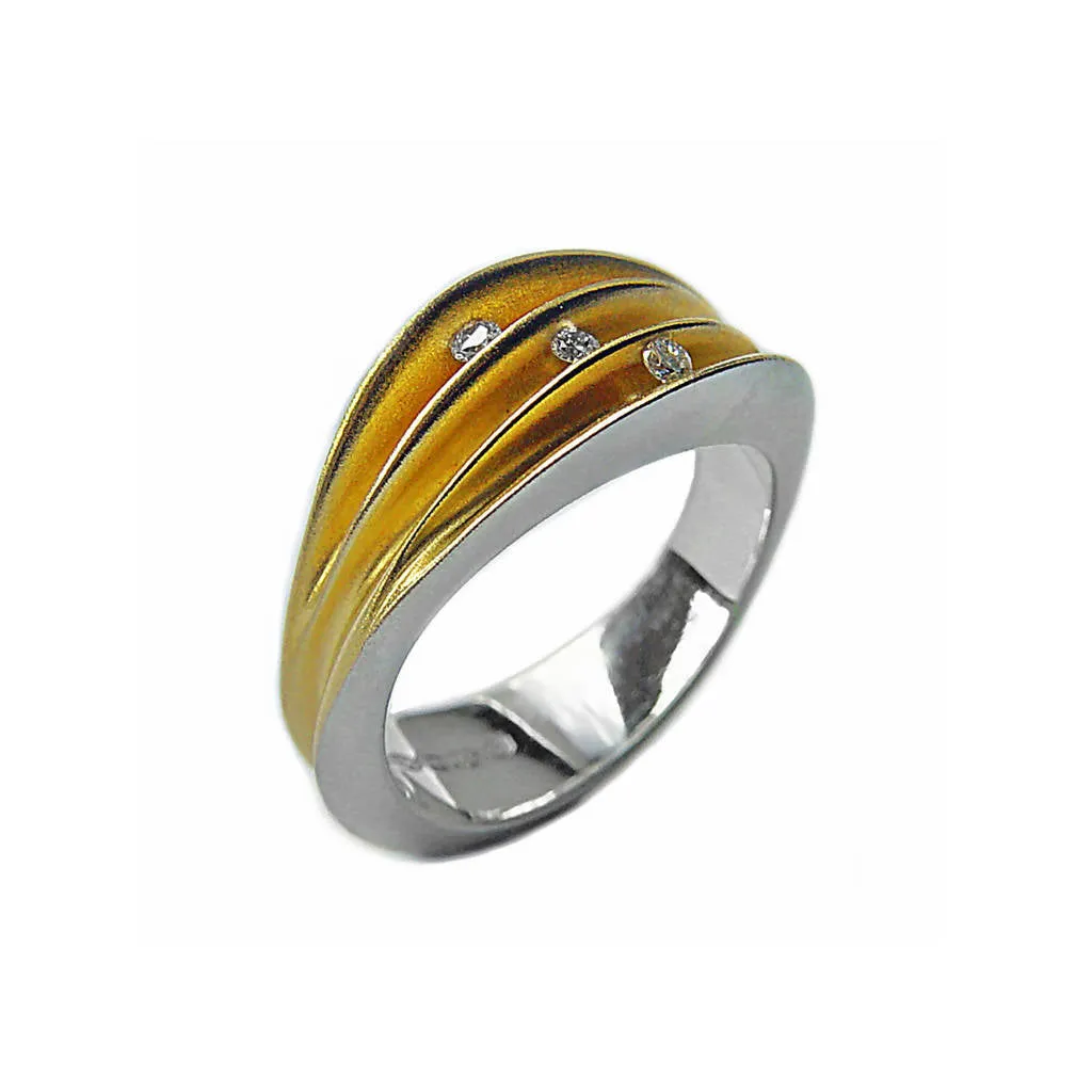 Multi split trio diamond silver shell ring with 22K gold plated interior