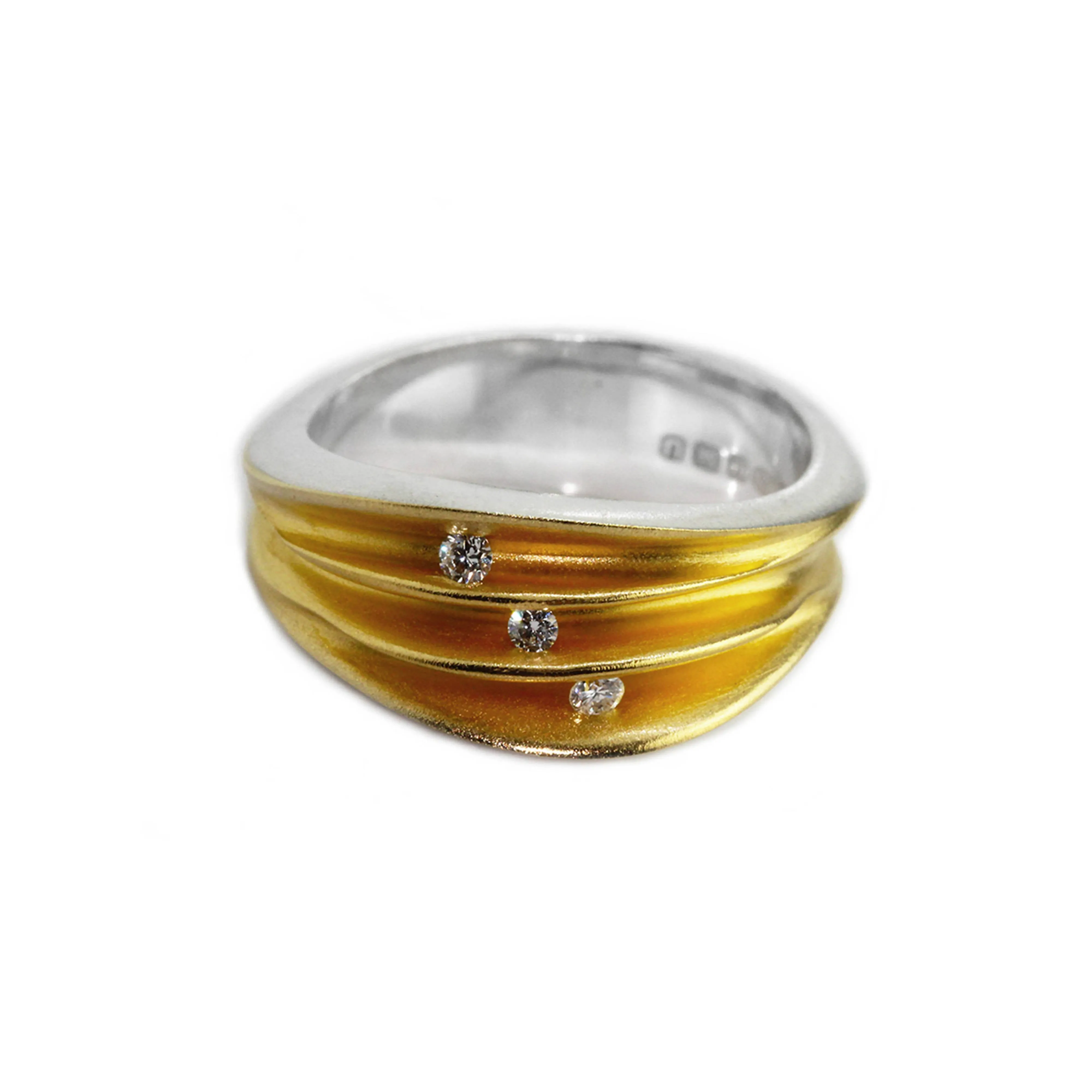 Multi split trio diamond silver shell ring with 22K gold plated interior