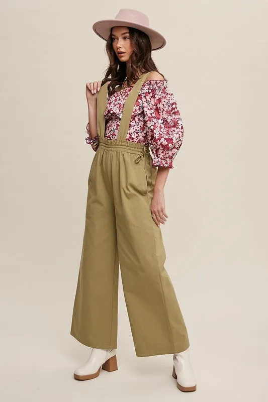 Olive Scotch Suspender Style Wide Leg Jumpsuit