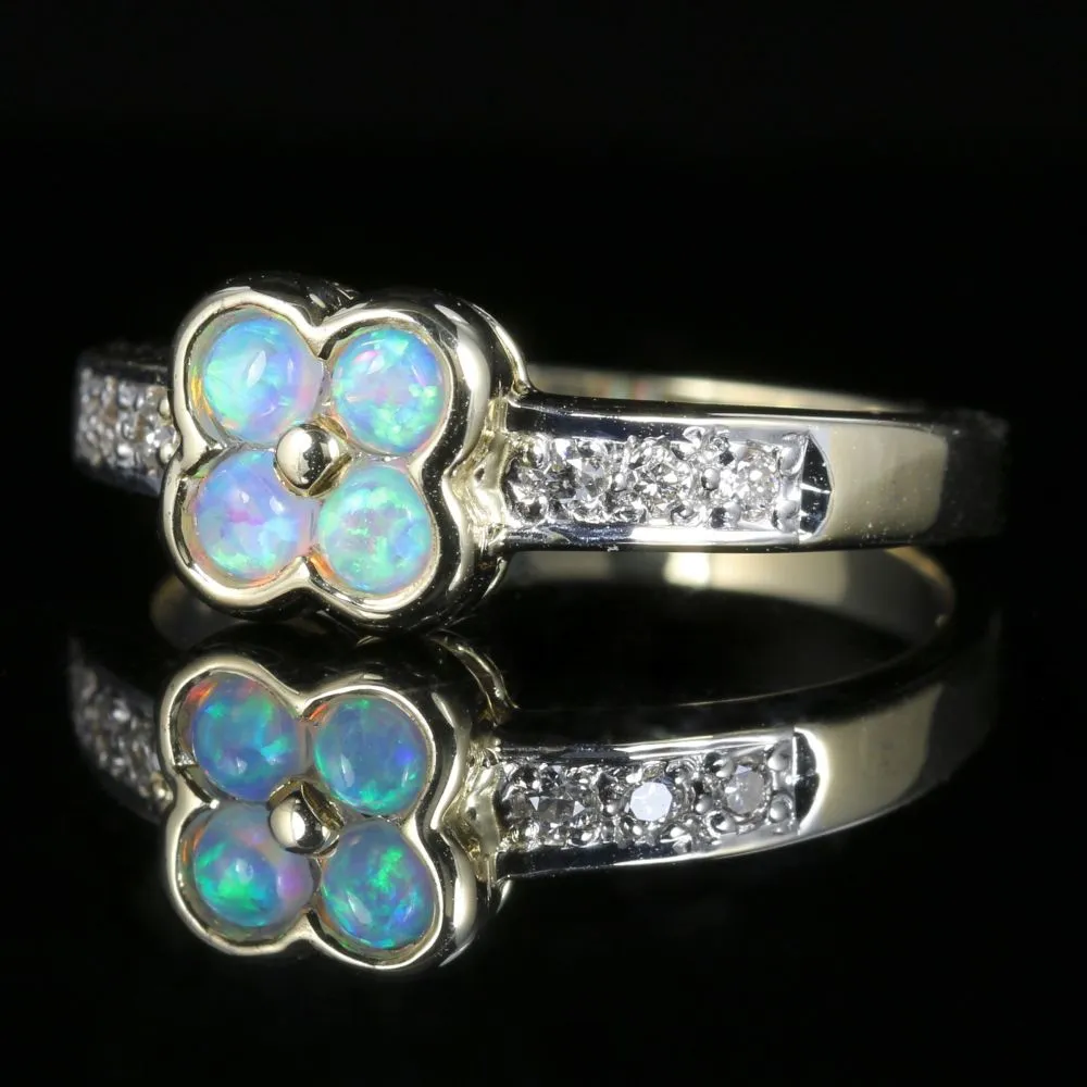 Opal Diamond Flower Ring 9Ct Gold