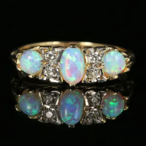 Opal Trilogy Diamond Ring 9Ct Yellow Gold