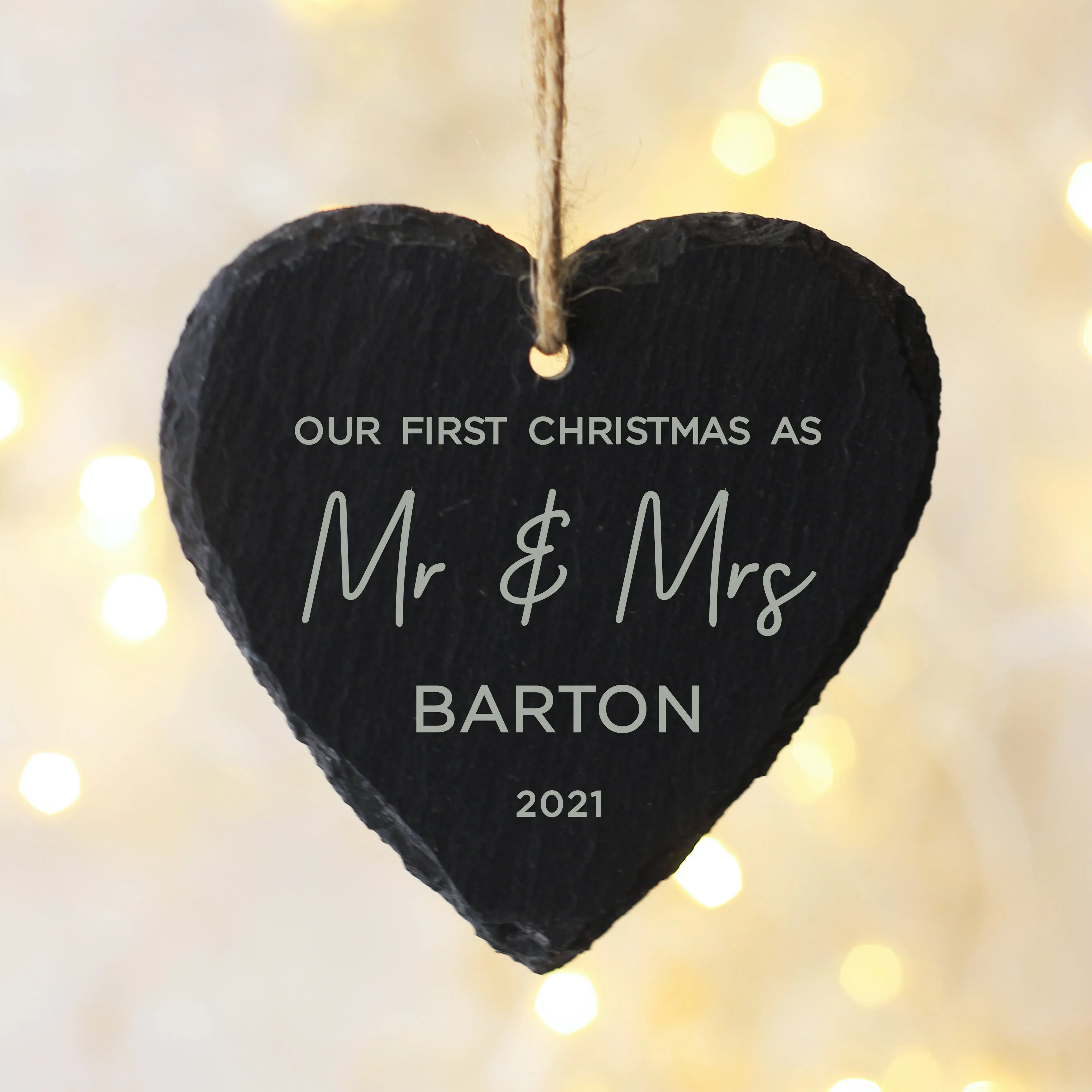 Personalised 'Our First Christmas Mr & Mrs' Slate Hanging Heart Decoration