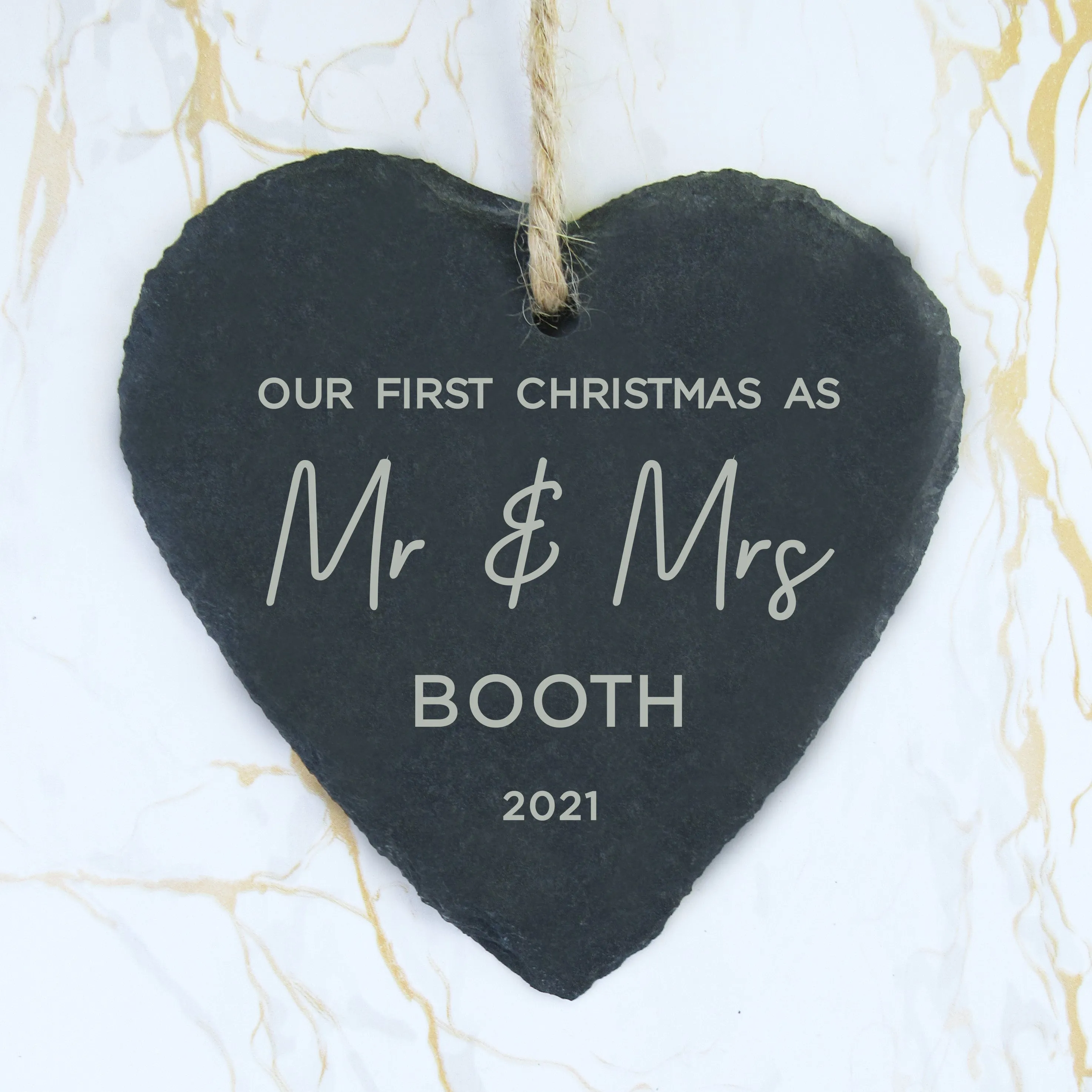 Personalised 'Our First Christmas Mr & Mrs' Slate Hanging Heart Decoration