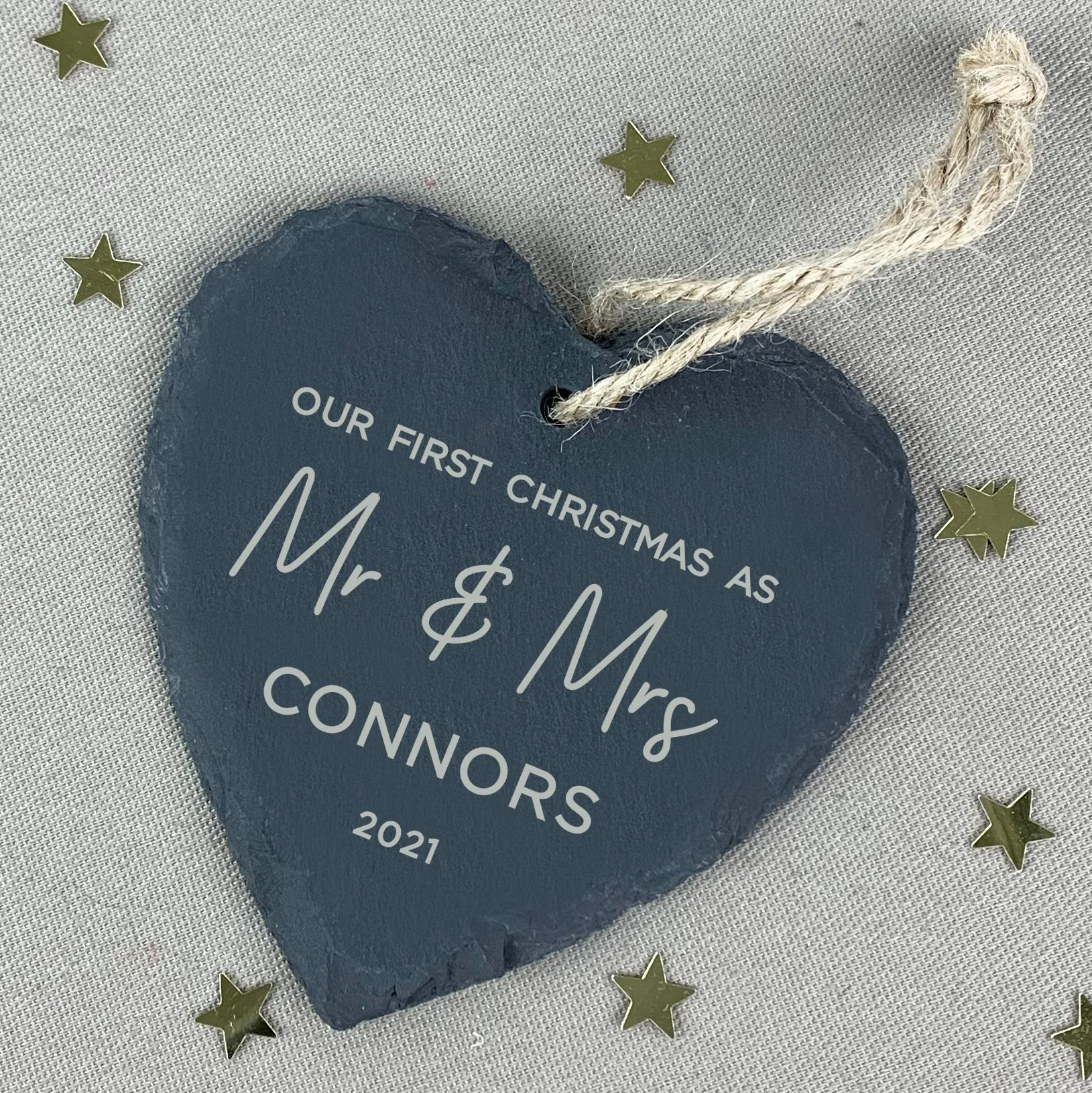 Personalised 'Our First Christmas Mr & Mrs' Slate Hanging Heart Decoration