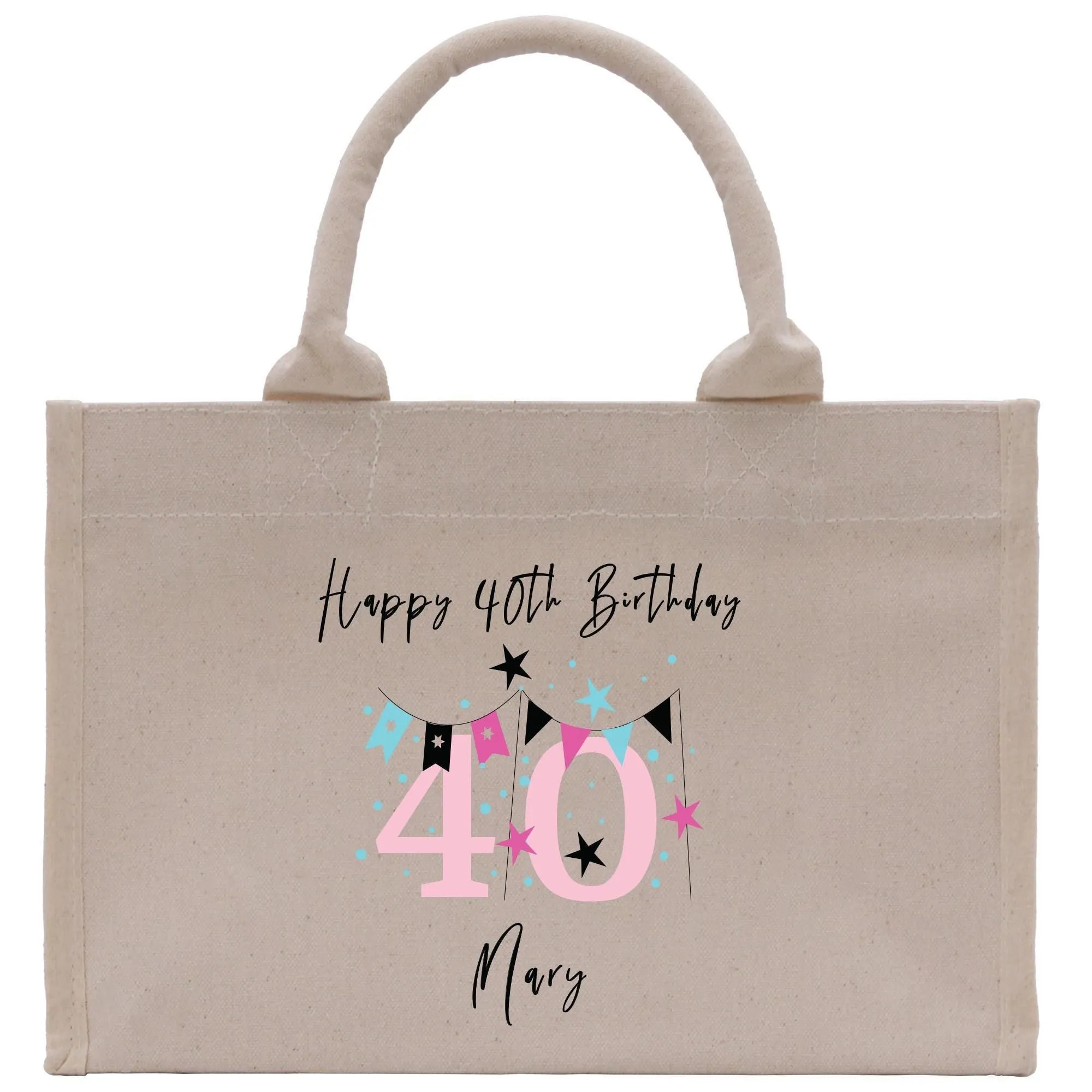 Personalized Happy 40th Birthday Name Cotton Canvas Small Tote Bag Custom Birthday Gift Tote 40th Birthday Celebration Party Gift (BDT1017)