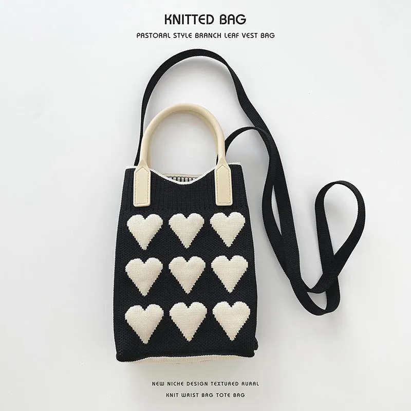 Pink Heart Shape Mini Phone Bag Knit Tote