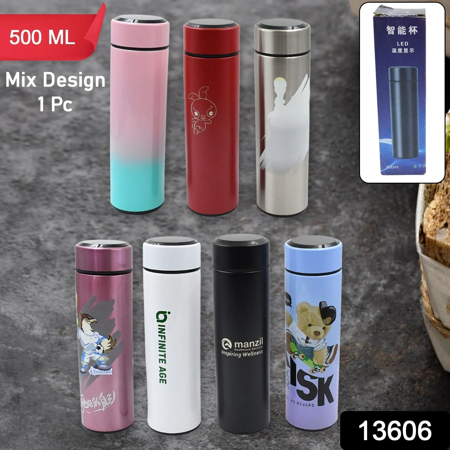 Printed Smart Vacuum Insulated Water Bottle with LED Temperature Display (1 Pc / 500 ML Approx / Multicolor / Mix Design )