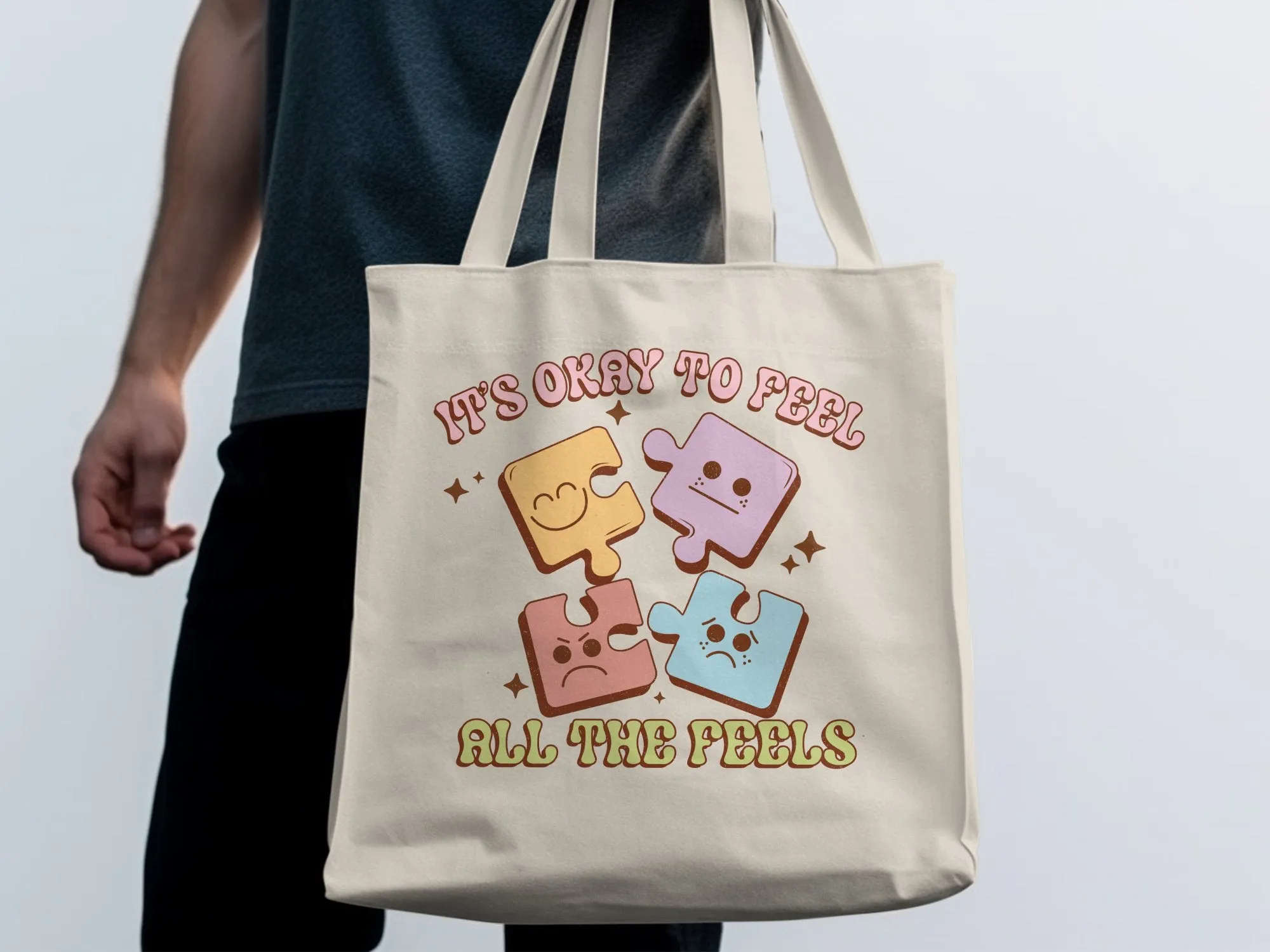 Puzzle Pieces Emotion Tote Bag, It's Okay to Feel All The Feels,Vintage Look,Eco-friendly Reusable Bag,Emotional Wellness, Large Canvas Tote