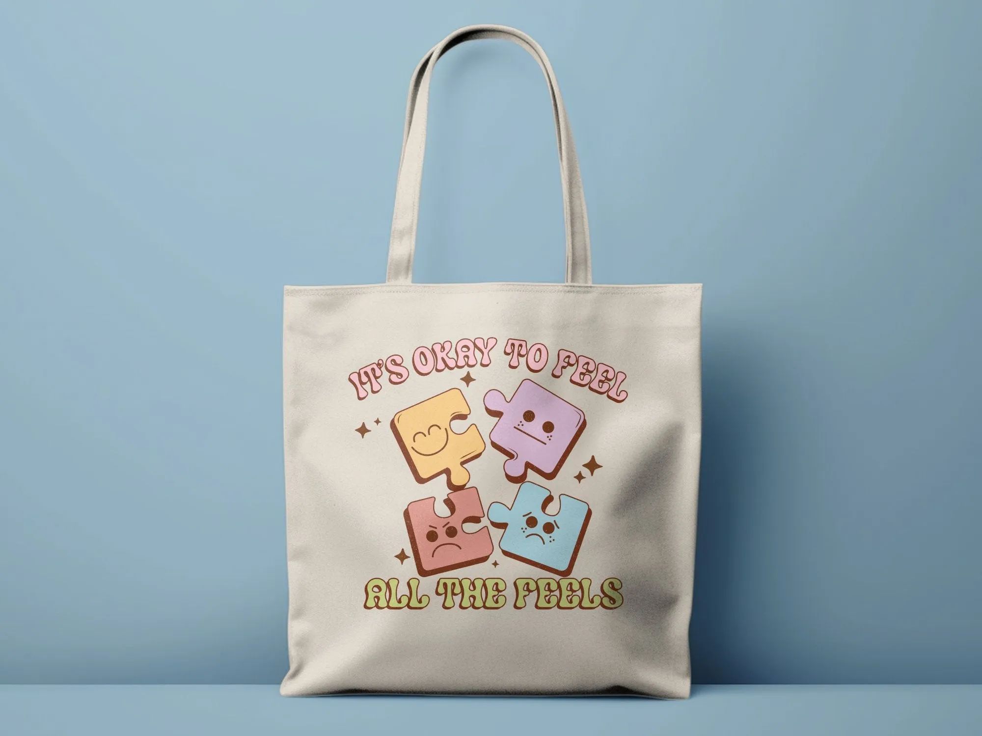 Puzzle Pieces Emotion Tote Bag, It's Okay to Feel All The Feels,Vintage Look,Eco-friendly Reusable Bag,Emotional Wellness, Large Canvas Tote