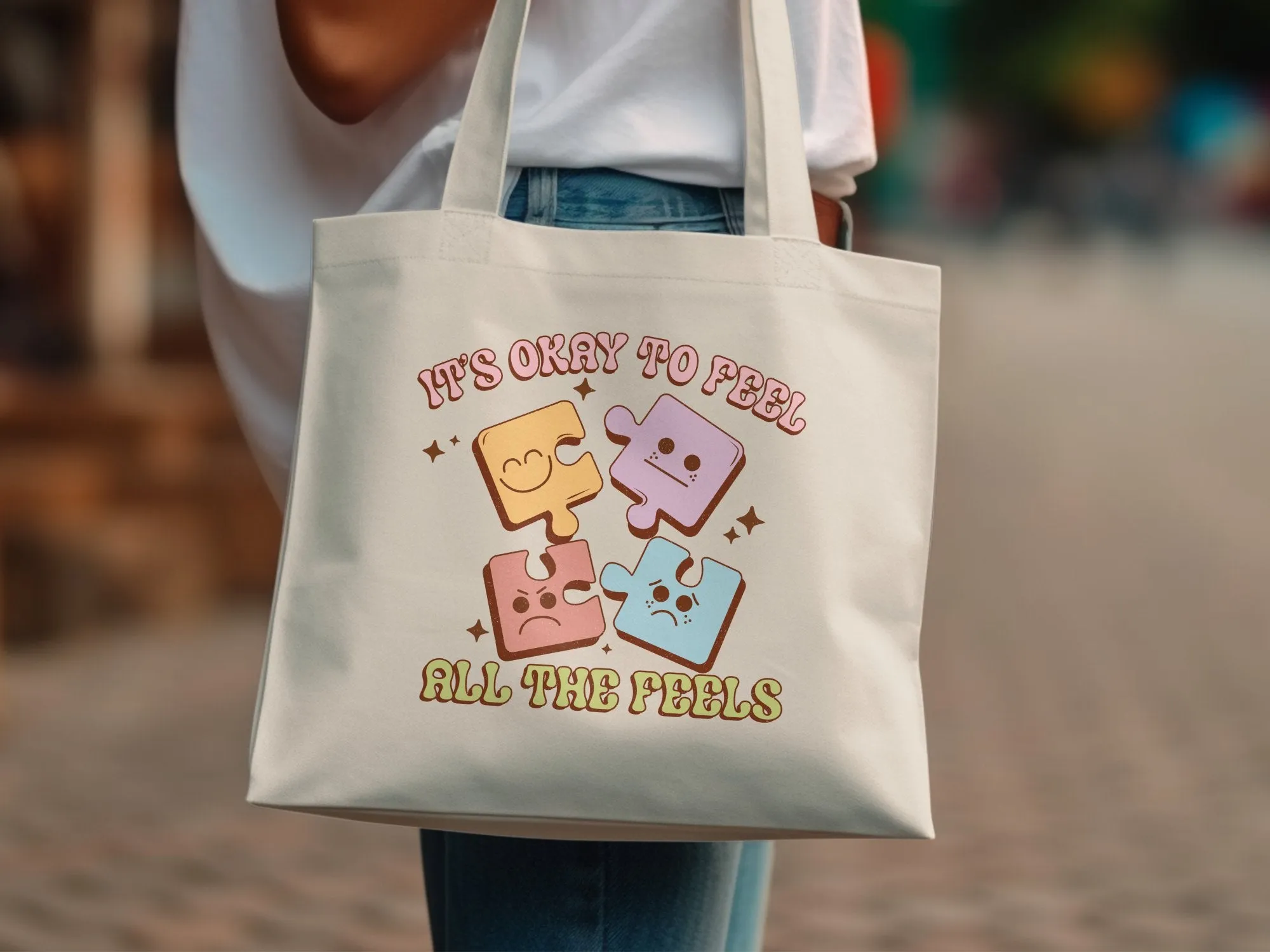 Puzzle Pieces Emotion Tote Bag, It's Okay to Feel All The Feels,Vintage Look,Eco-friendly Reusable Bag,Emotional Wellness, Large Canvas Tote