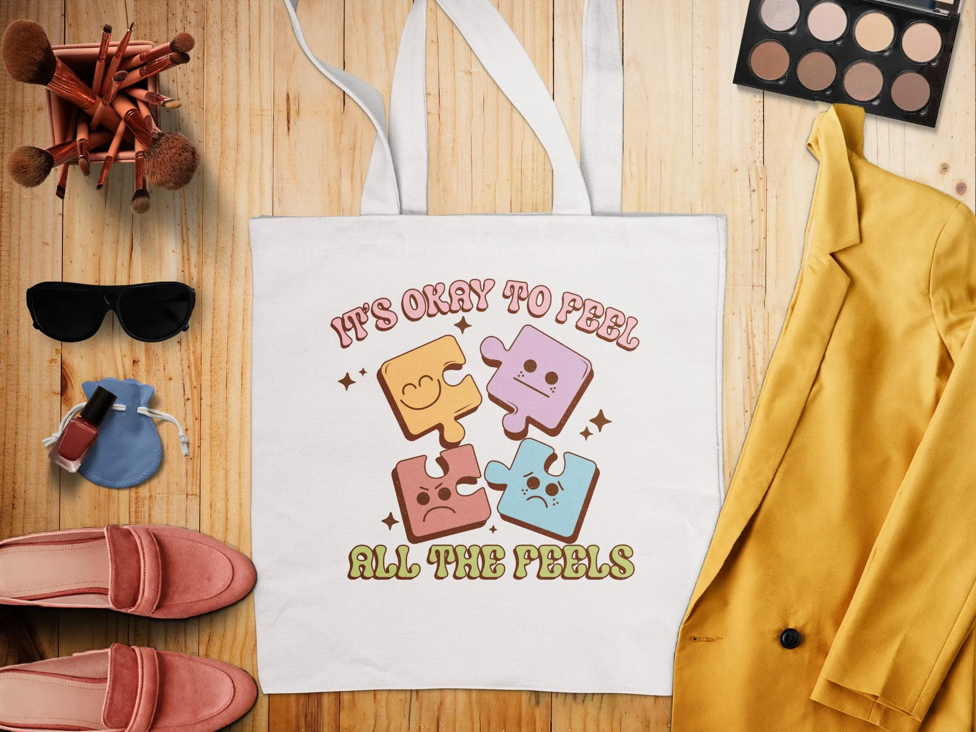 Puzzle Pieces Emotion Tote Bag, It's Okay to Feel All The Feels,Vintage Look,Eco-friendly Reusable Bag,Emotional Wellness, Large Canvas Tote