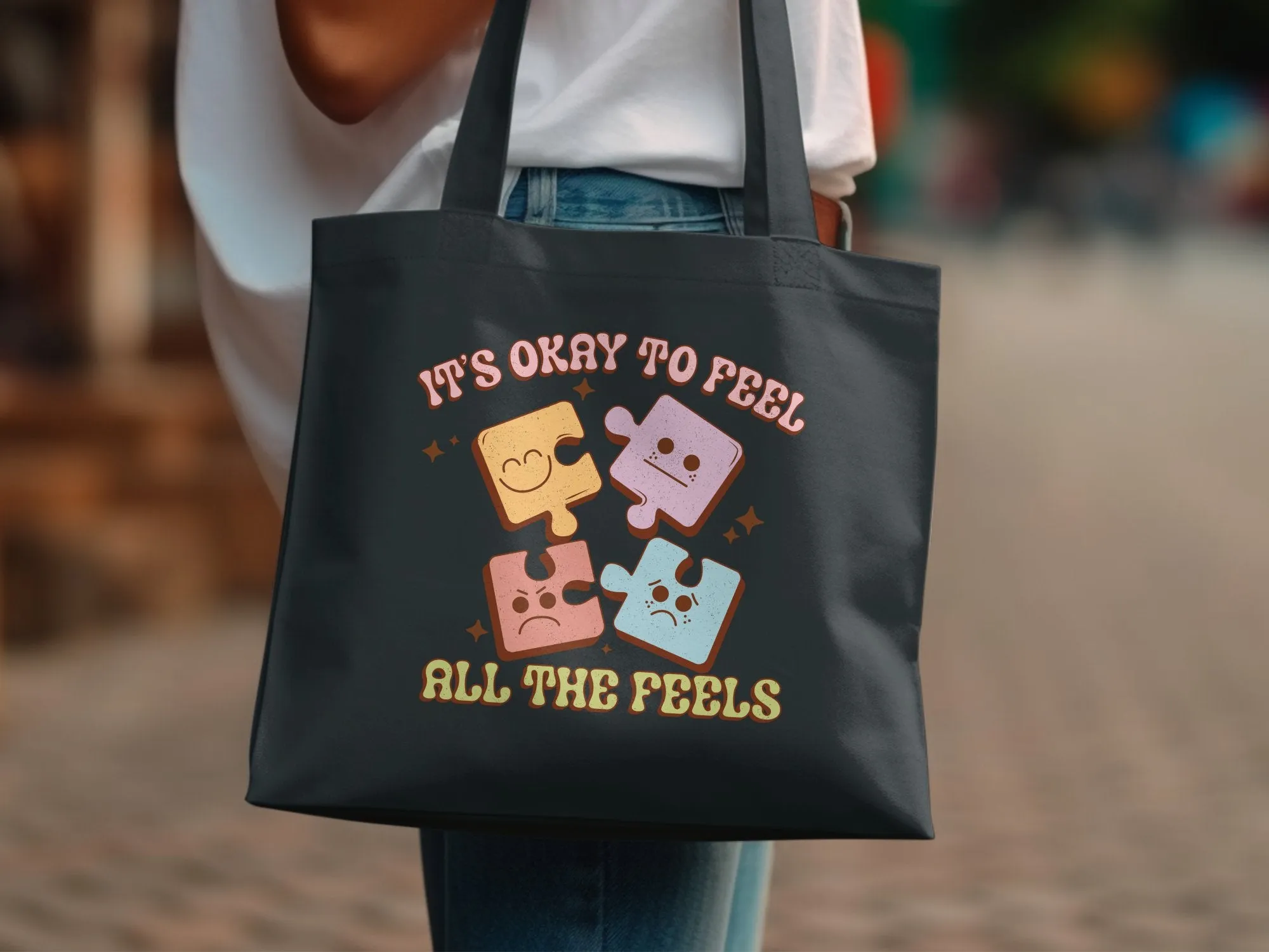 Puzzle Pieces Emotion Tote Bag, It's Okay to Feel All The Feels,Vintage Look,Eco-friendly Reusable Bag,Emotional Wellness, Large Canvas Tote