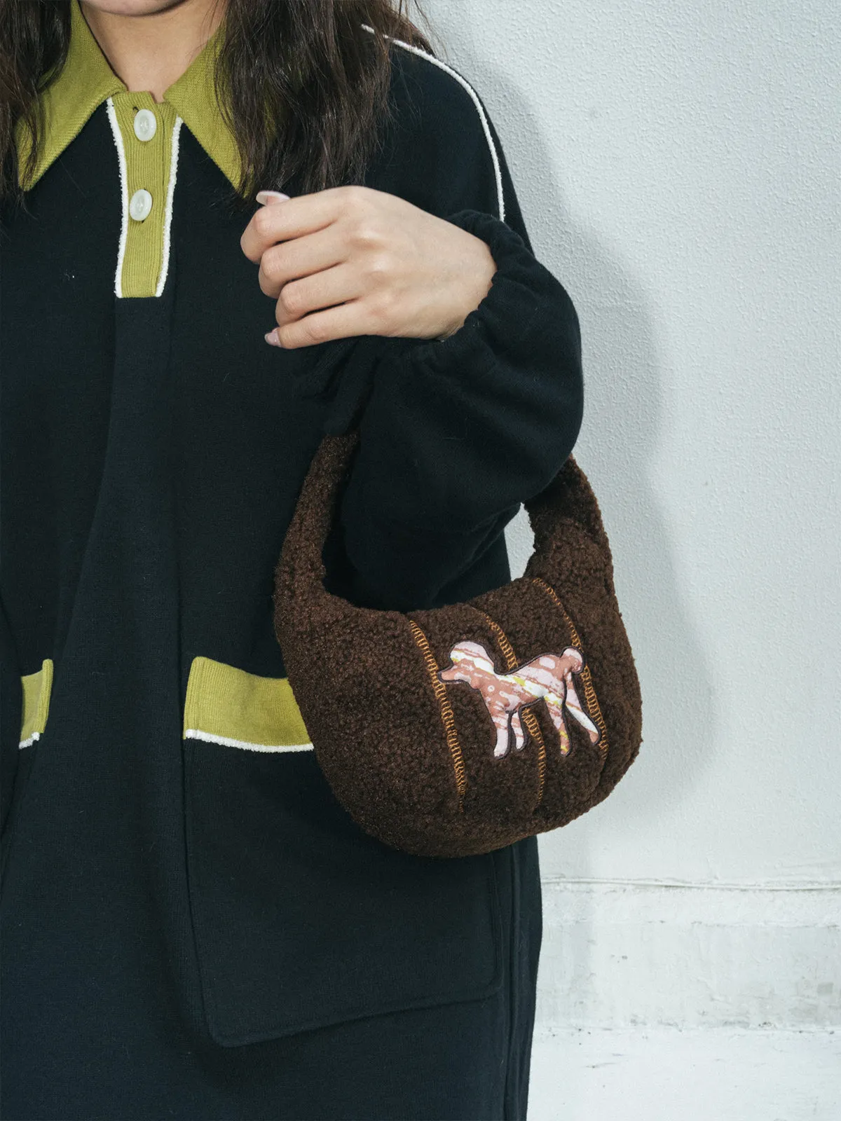 "Pan Pan" Half Moon Shearling Bag - Chocolate