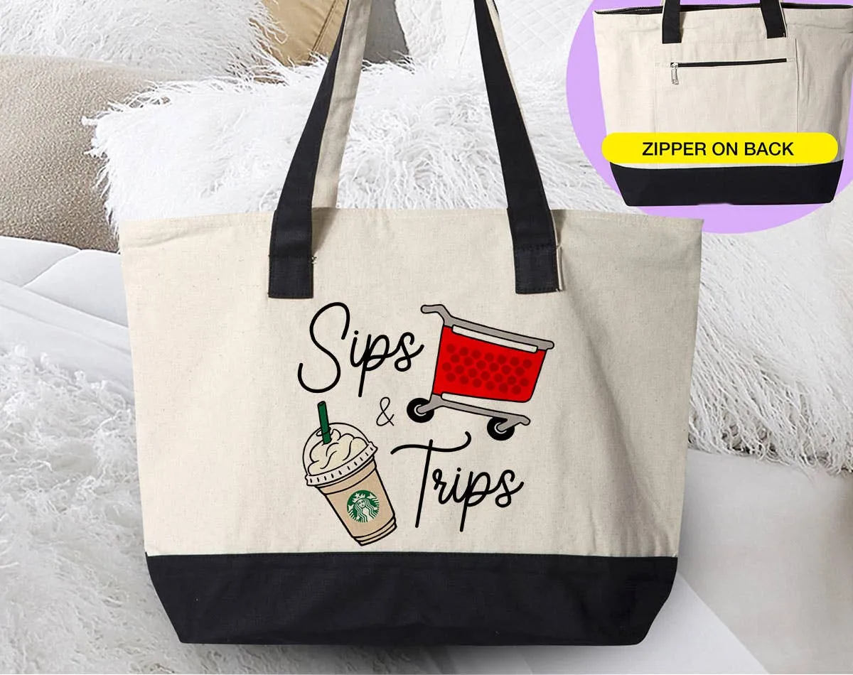 Sips And Trips - Shopping Coffee Canvas Zipper Tote