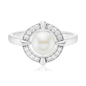 Sterling Silver Round Brilliant Cut 7.5mm Cubic Zirconia White Fresh Water Pearl Ring