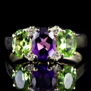 Suffragette Ring Amethyst Peridot Diamond 9ct Gold