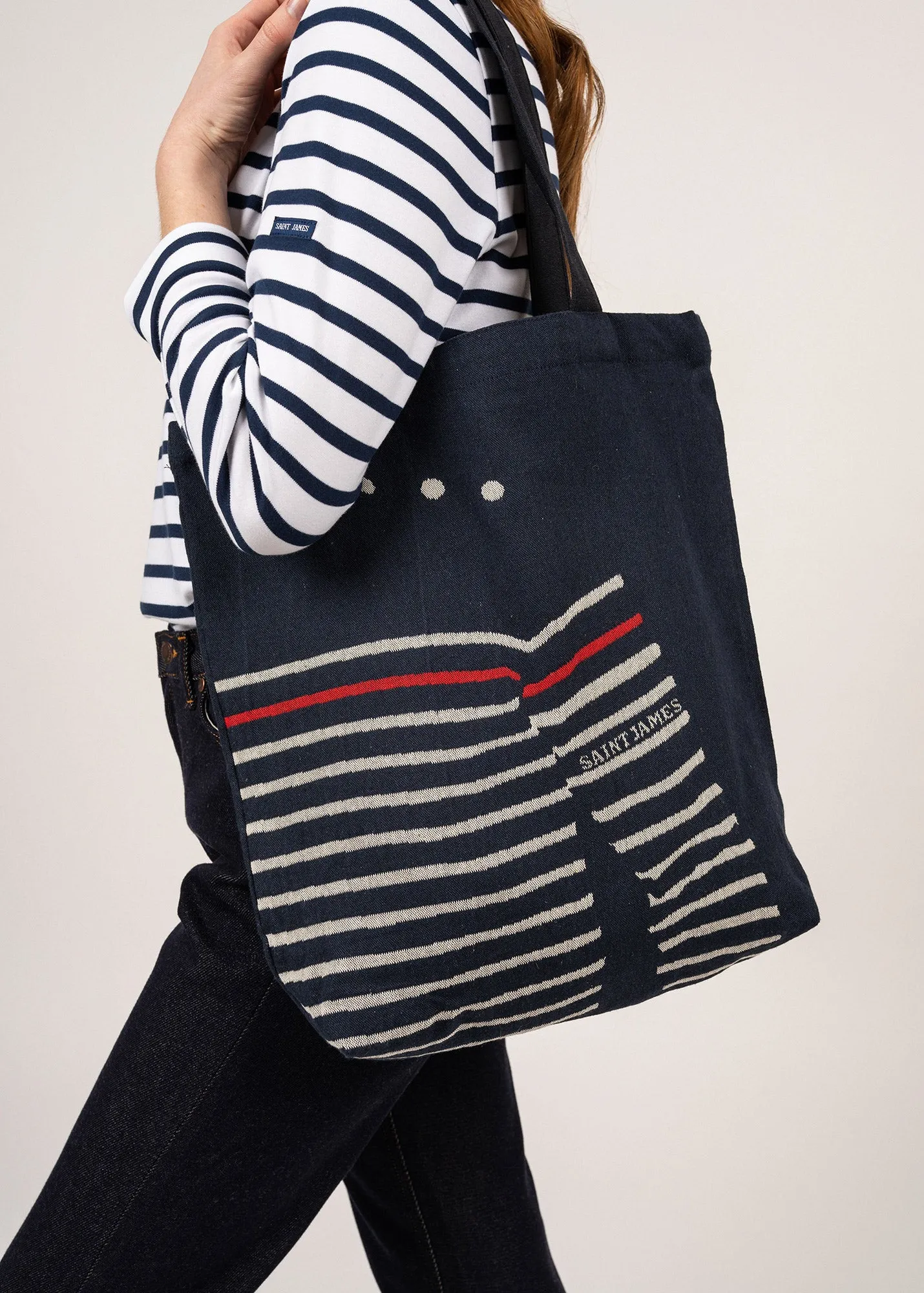 Tote bag in recycled cotton - with sailor jumper print (MARINE/ECRU)