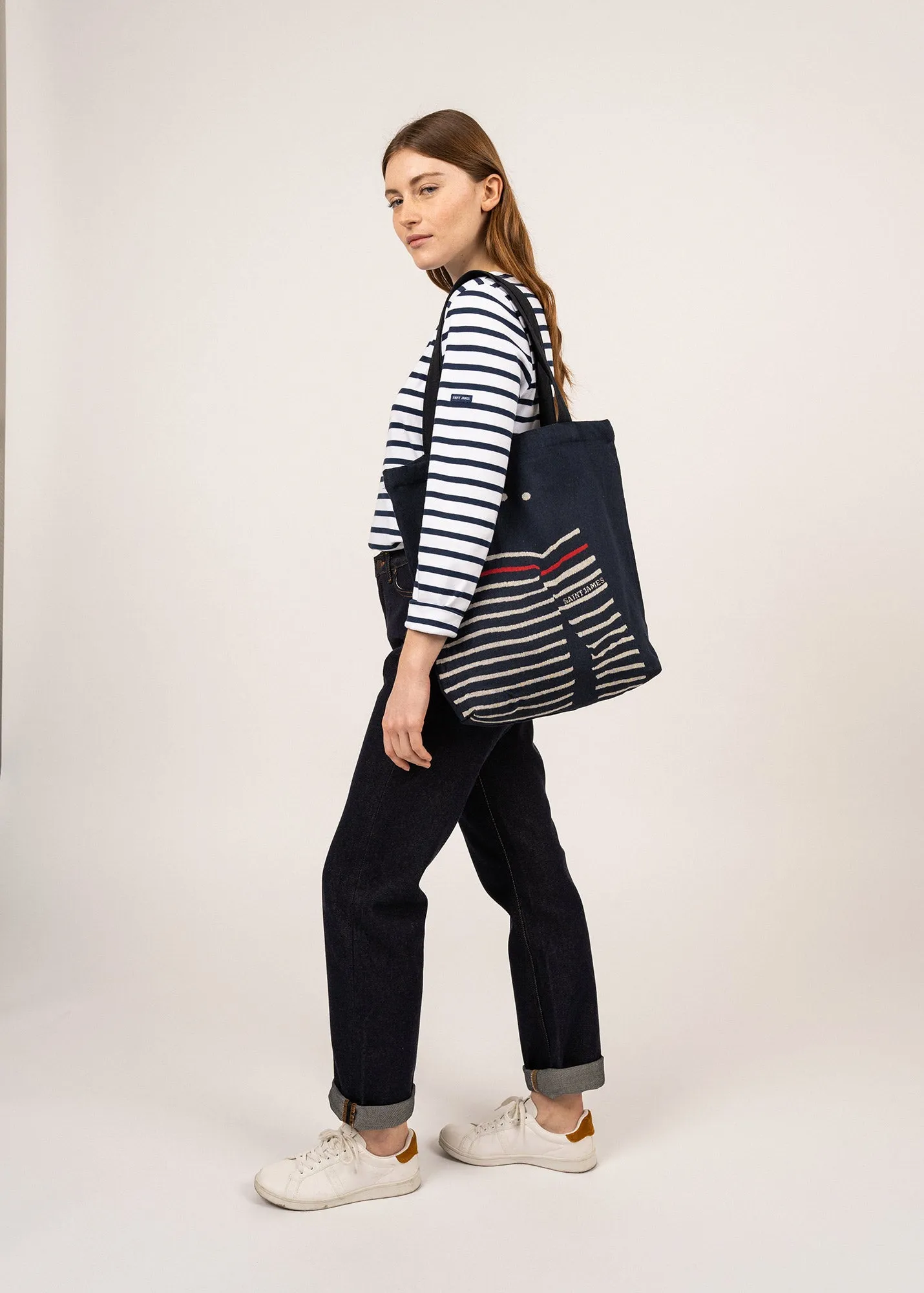 Tote bag in recycled cotton - with sailor jumper print (MARINE/ECRU)