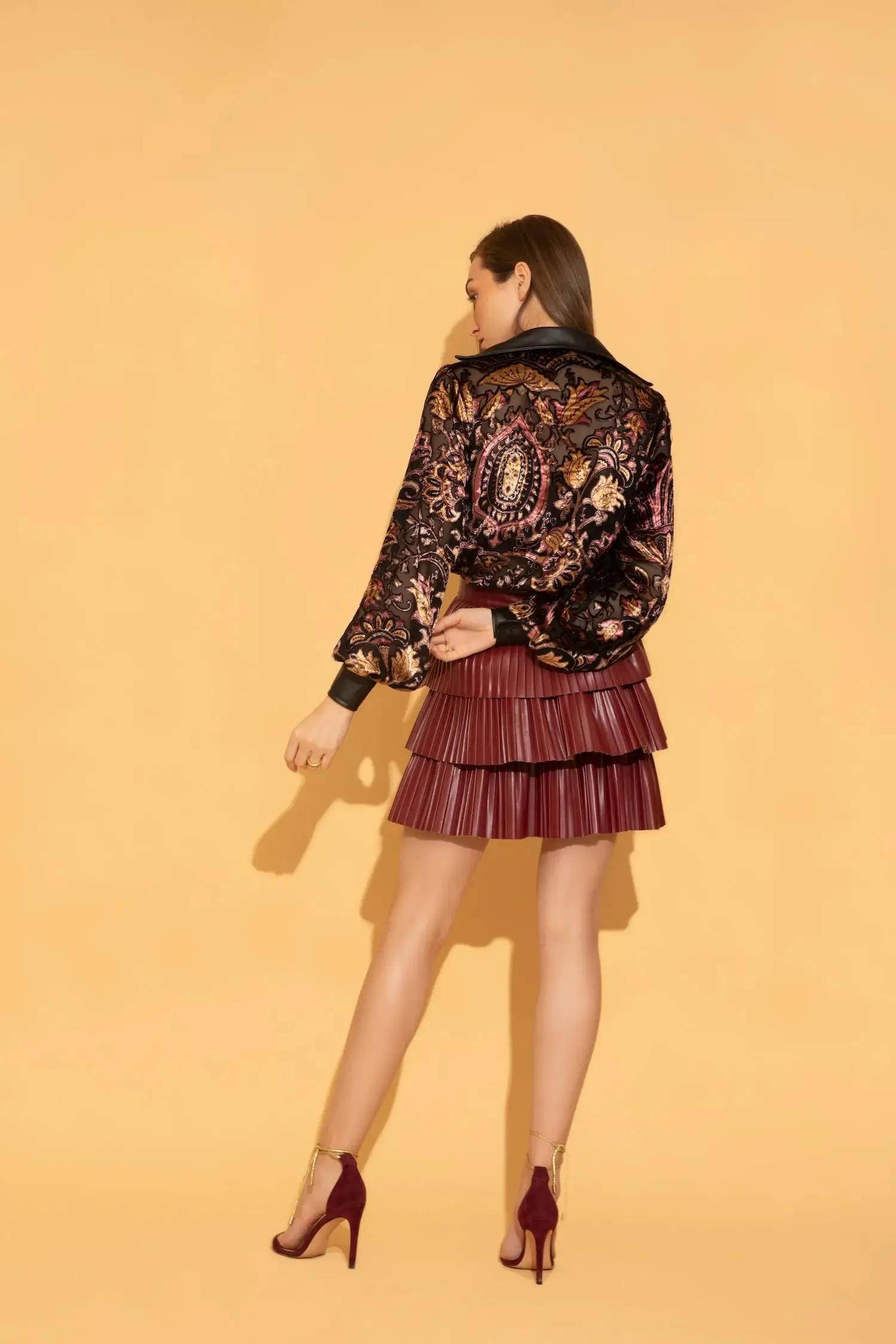 Velvet Shirt & Wine Faux Leather Skirt Co-ord Set