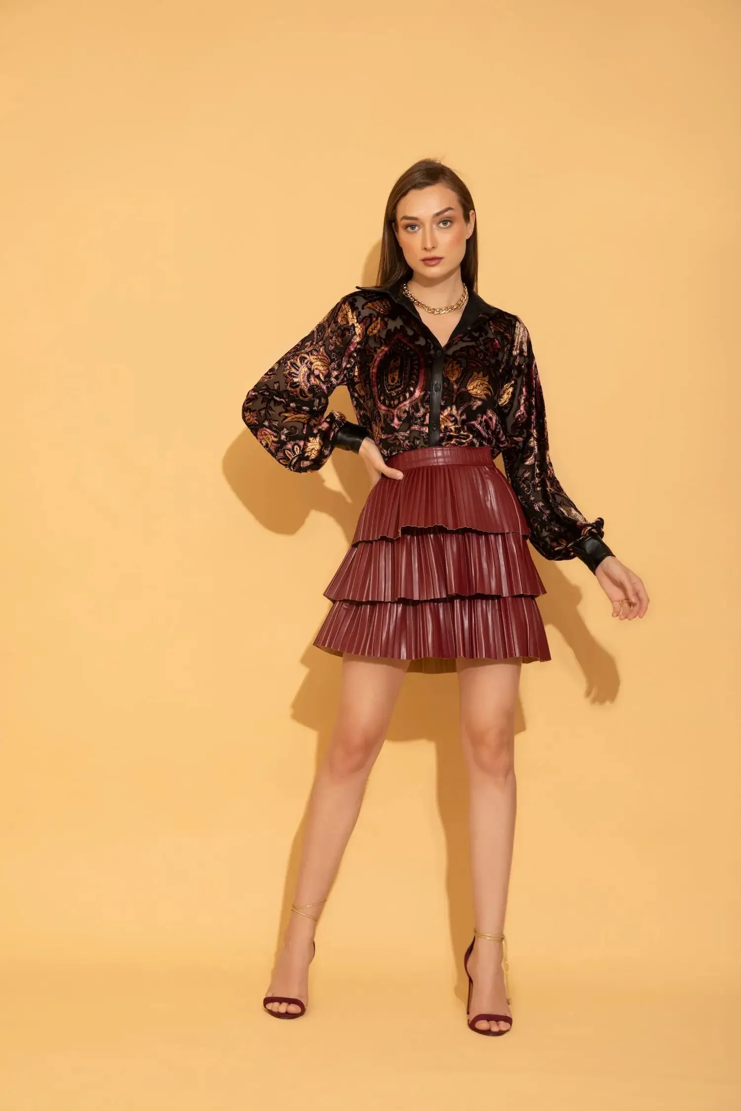 Velvet Shirt & Wine Faux Leather Skirt Co-ord Set