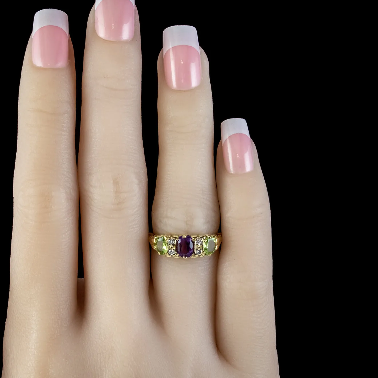 Vintage Suffragette Ring 18ct Gold Amethyst Peridot Diamond Dated 1970