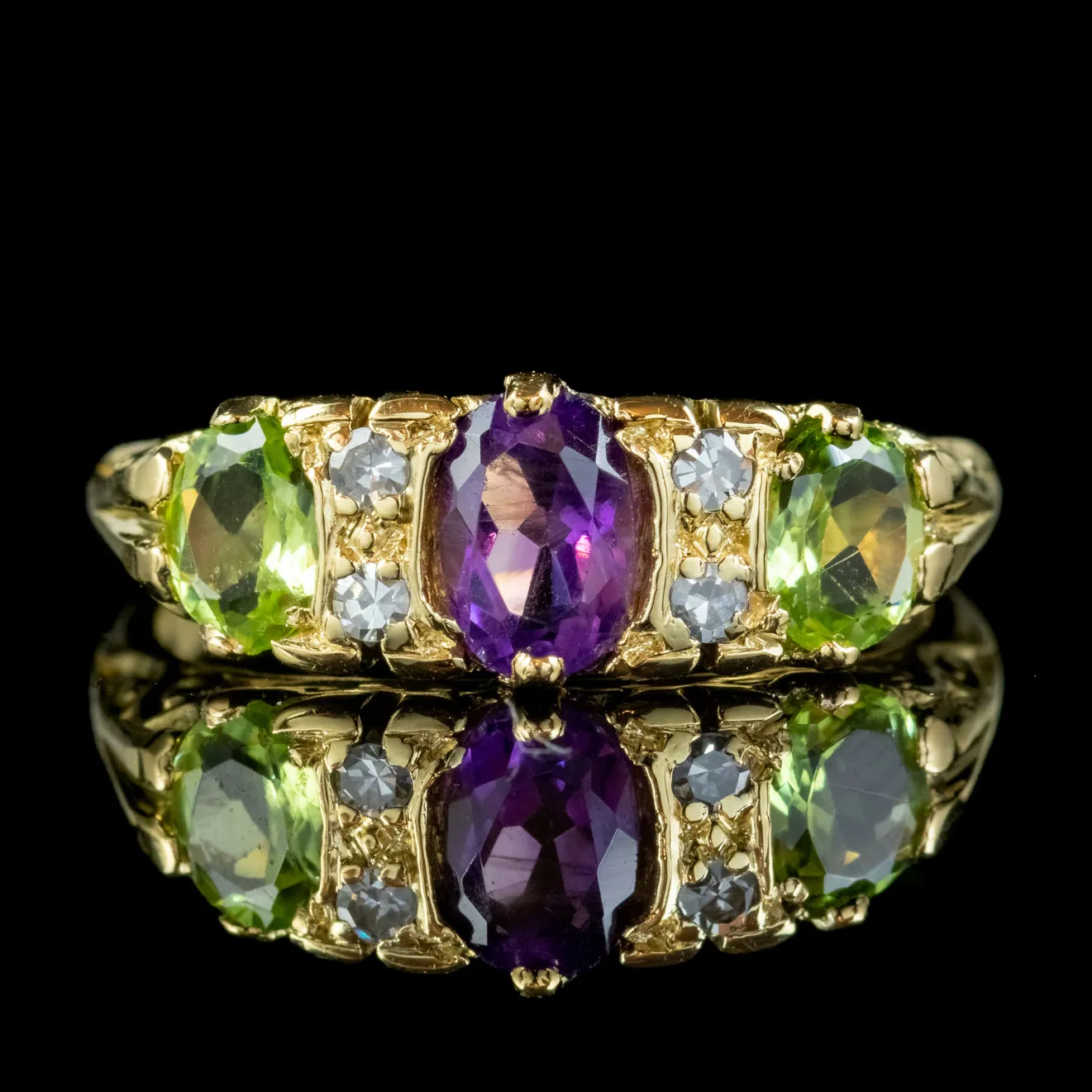 Vintage Suffragette Ring 18ct Gold Amethyst Peridot Diamond Dated 1970