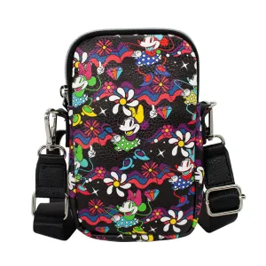 Wallet Phone Bag Holder - Minnie Mouse Style Dancing Pose Floral Collage Black Multi Color