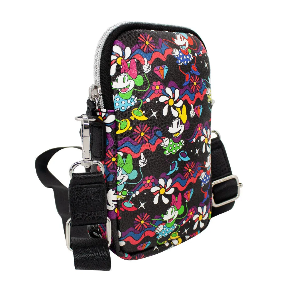 Wallet Phone Bag Holder - Minnie Mouse Style Dancing Pose Floral Collage Black Multi Color