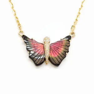 Watermelon Tourmaline Butterfly Pendant with Diamonds