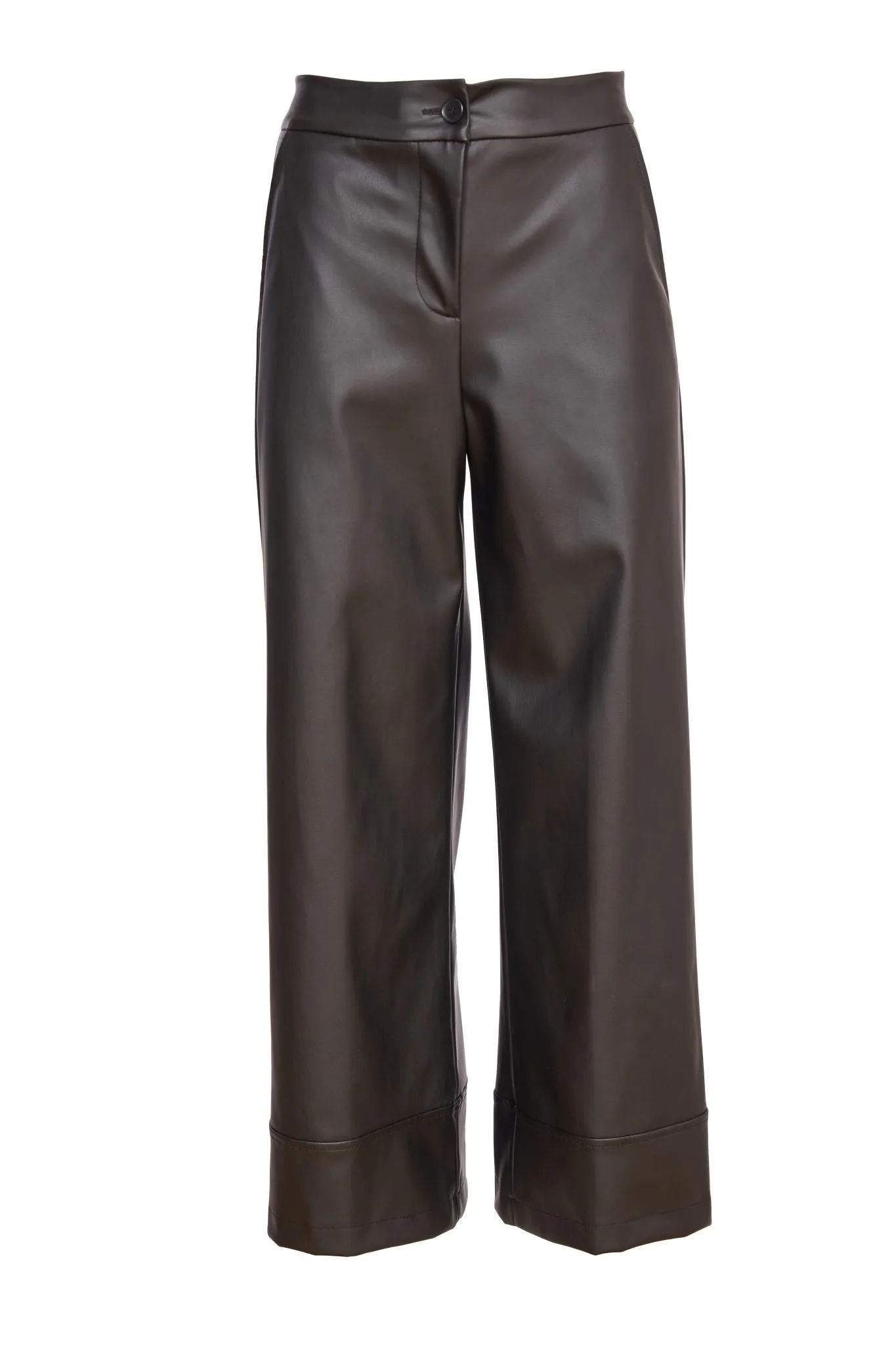 Wide Leg Zip Waist Leatherette Trouser in Chocolate