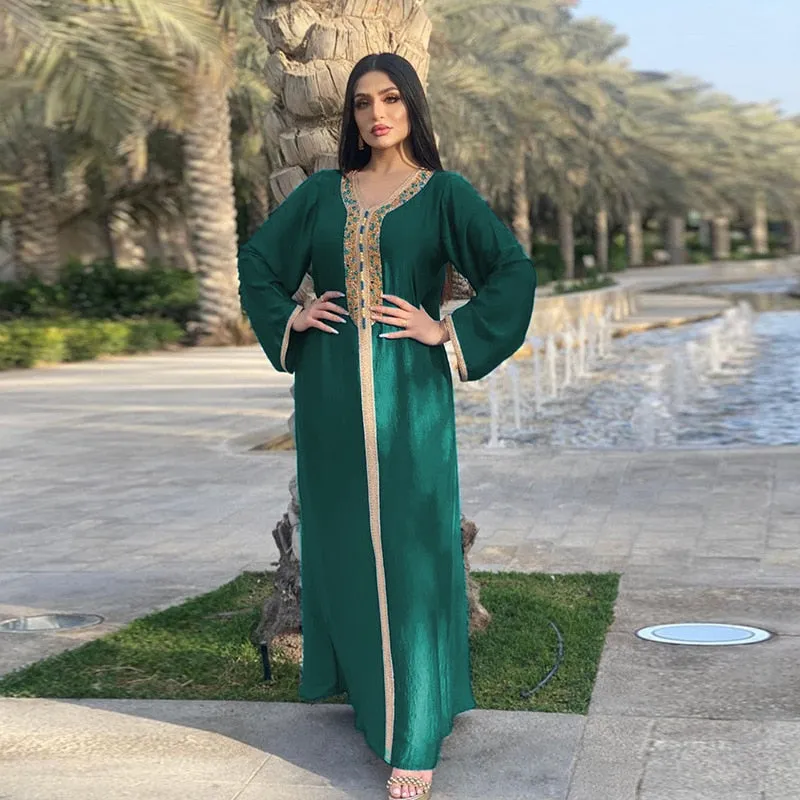 Wjczt Gorgeous Party Style Plus Size Long Muslim Dress Abayas Femme For Woman Sequins Diamonds Satin Material V-Neck Dubai Fashion