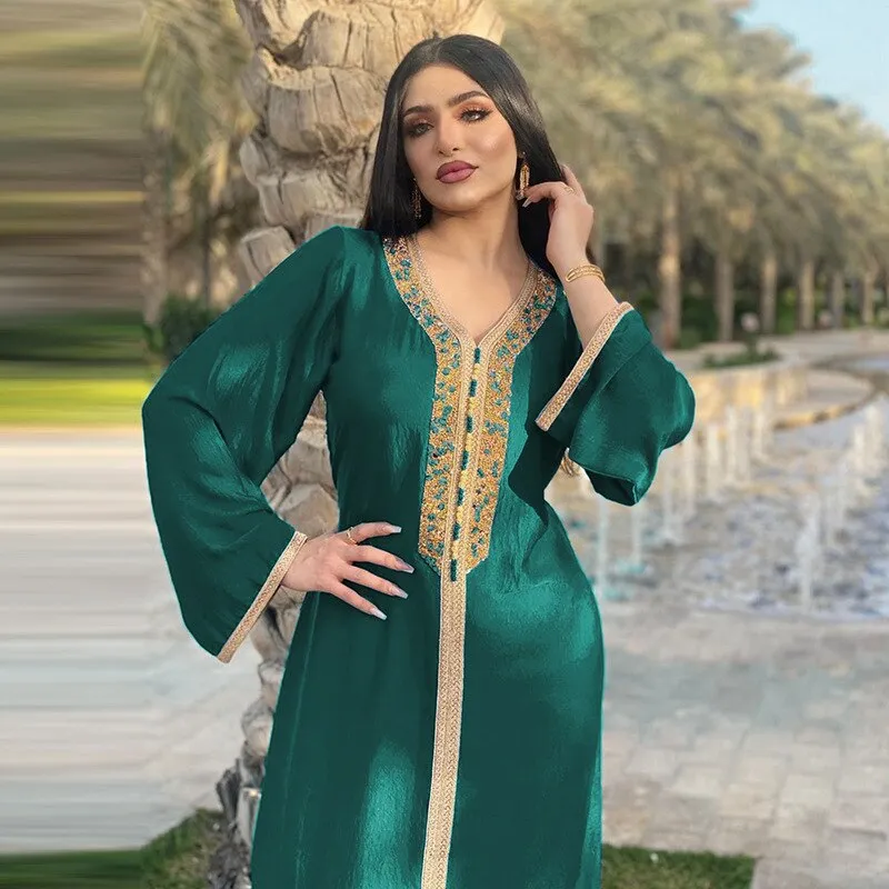 Wjczt Gorgeous Party Style Plus Size Long Muslim Dress Abayas Femme For Woman Sequins Diamonds Satin Material V-Neck Dubai Fashion