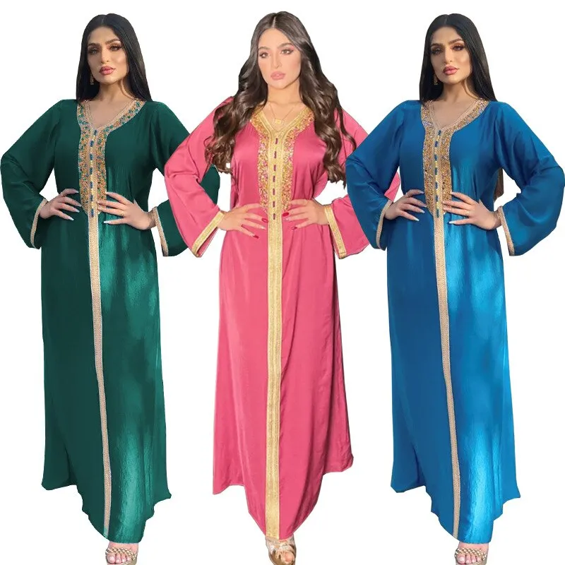 Wjczt Gorgeous Party Style Plus Size Long Muslim Dress Abayas Femme For Woman Sequins Diamonds Satin Material V-Neck Dubai Fashion