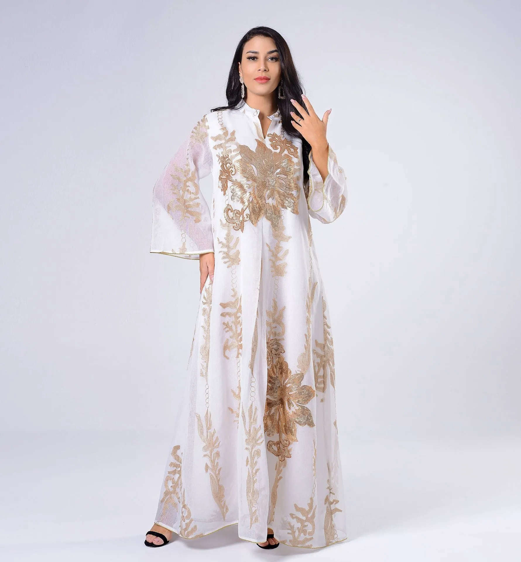 Wjczt Sequins Dubai Abaya Women Jalabiya Dress Imitation Linen Gold Emboridery Moroccan Caftan Evening Party Arabian Muslim Ramadan