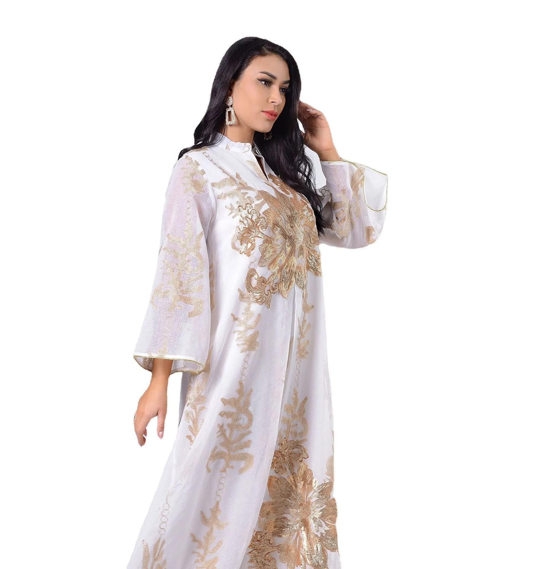 Wjczt Sequins Dubai Abaya Women Jalabiya Dress Imitation Linen Gold Emboridery Moroccan Caftan Evening Party Arabian Muslim Ramadan