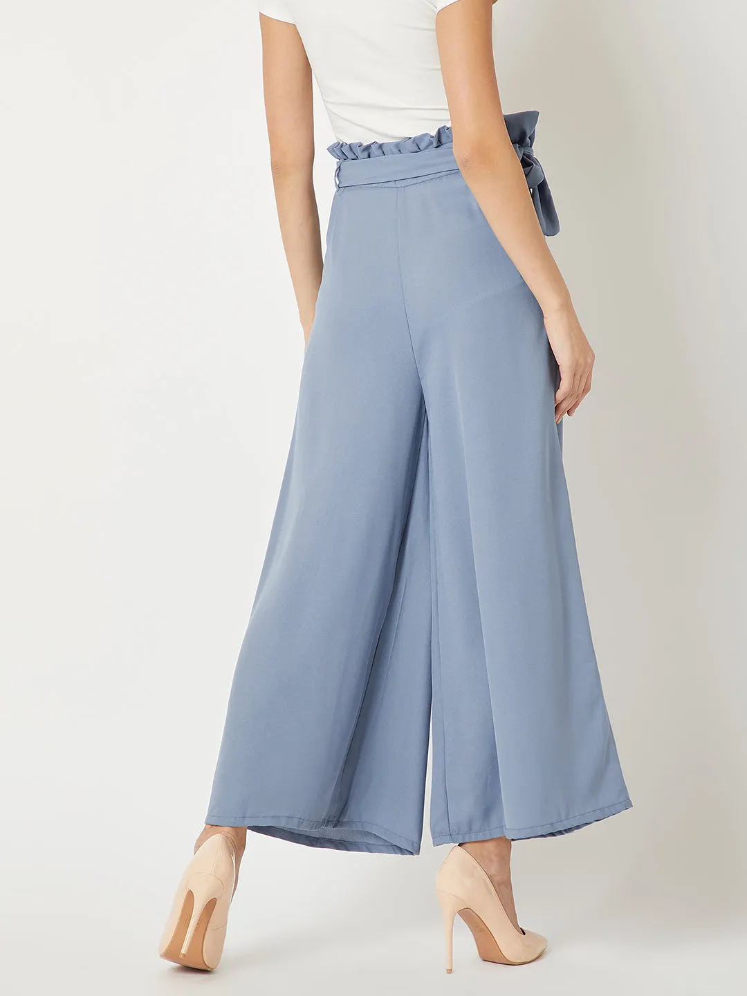 Women's Blue Solid Regular Length Pleated Wide Leg Paper bag Flare Trouser