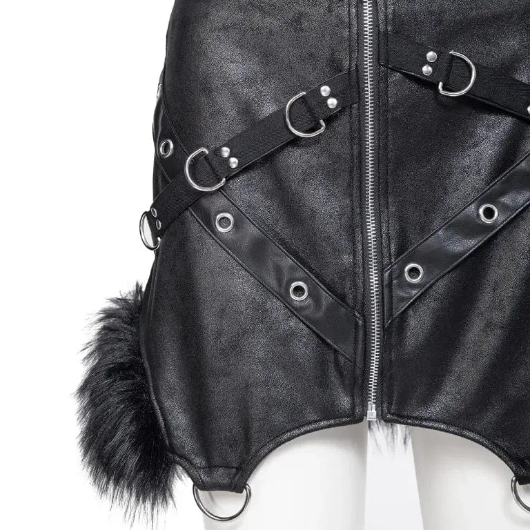 Women's Punk Irregular Fluffy Faux Leather Skirt