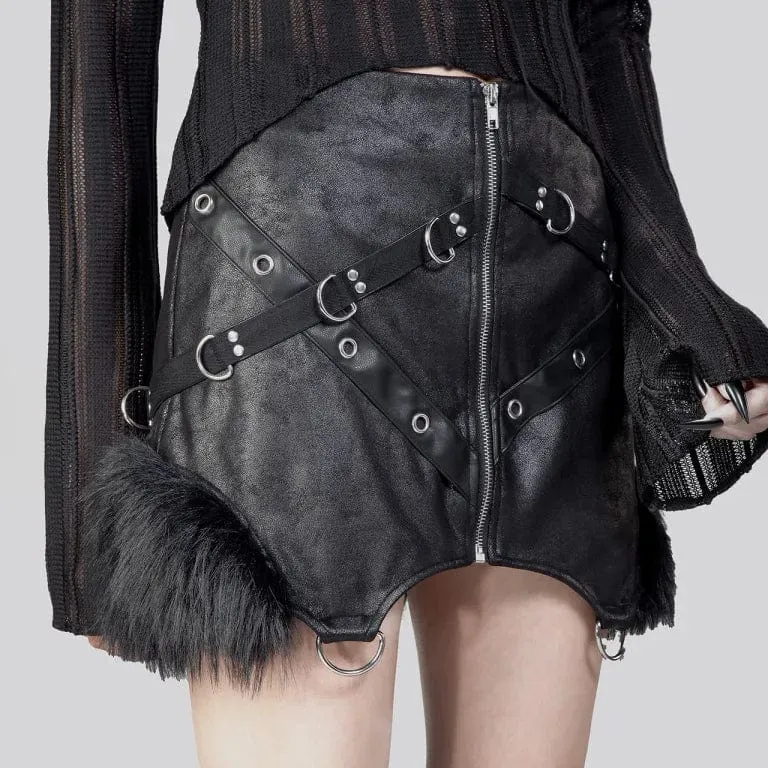 Women's Punk Irregular Fluffy Faux Leather Skirt