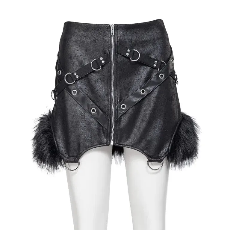 Women's Punk Irregular Fluffy Faux Leather Skirt