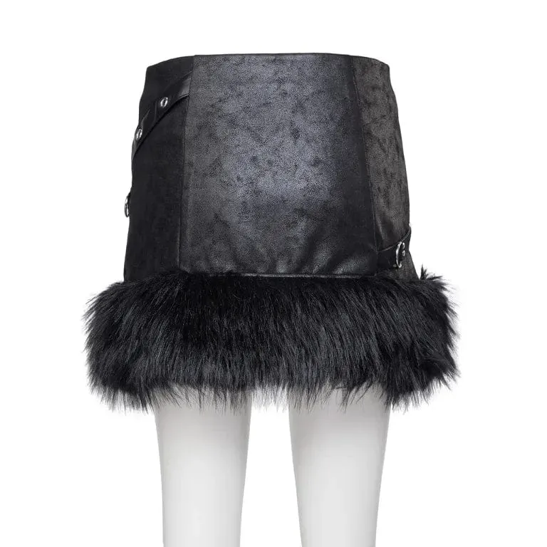 Women's Punk Irregular Fluffy Faux Leather Skirt