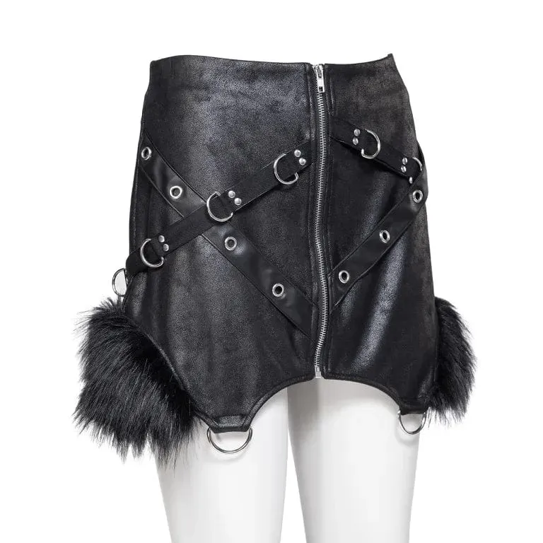 Women's Punk Irregular Fluffy Faux Leather Skirt