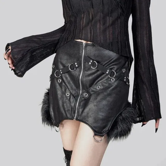 Women's Punk Irregular Fluffy Faux Leather Skirt