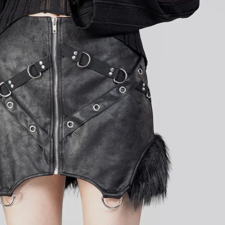 Women's Punk Irregular Fluffy Faux Leather Skirt